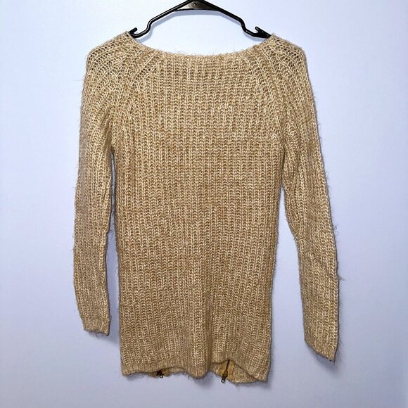 Women's Chunky Knit Sweater Medium Beige Gold Zipper Scoop Neck Long Sleeve Top - Picture 3 of 4